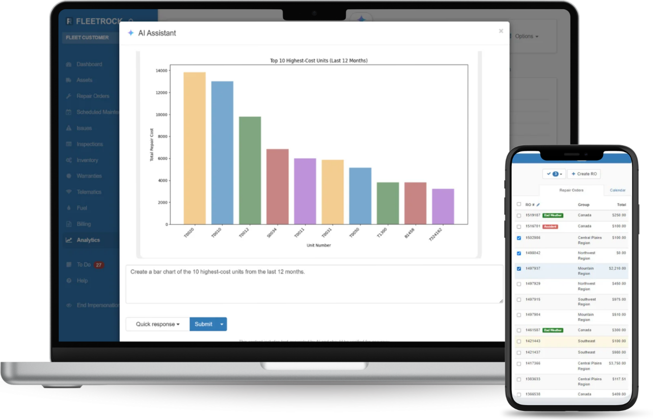 Fleetrock AI Assistant generating a bar chart of the top 10 highest-cost units from a natural-language request